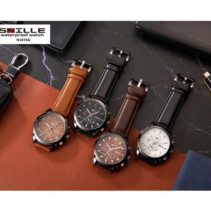 SNILLE Jm Tangan Pria Kulit Tahan Anti  Air Jam Tangan Pria Kulit Tanggal Aktif Free Box & Batrey Ca