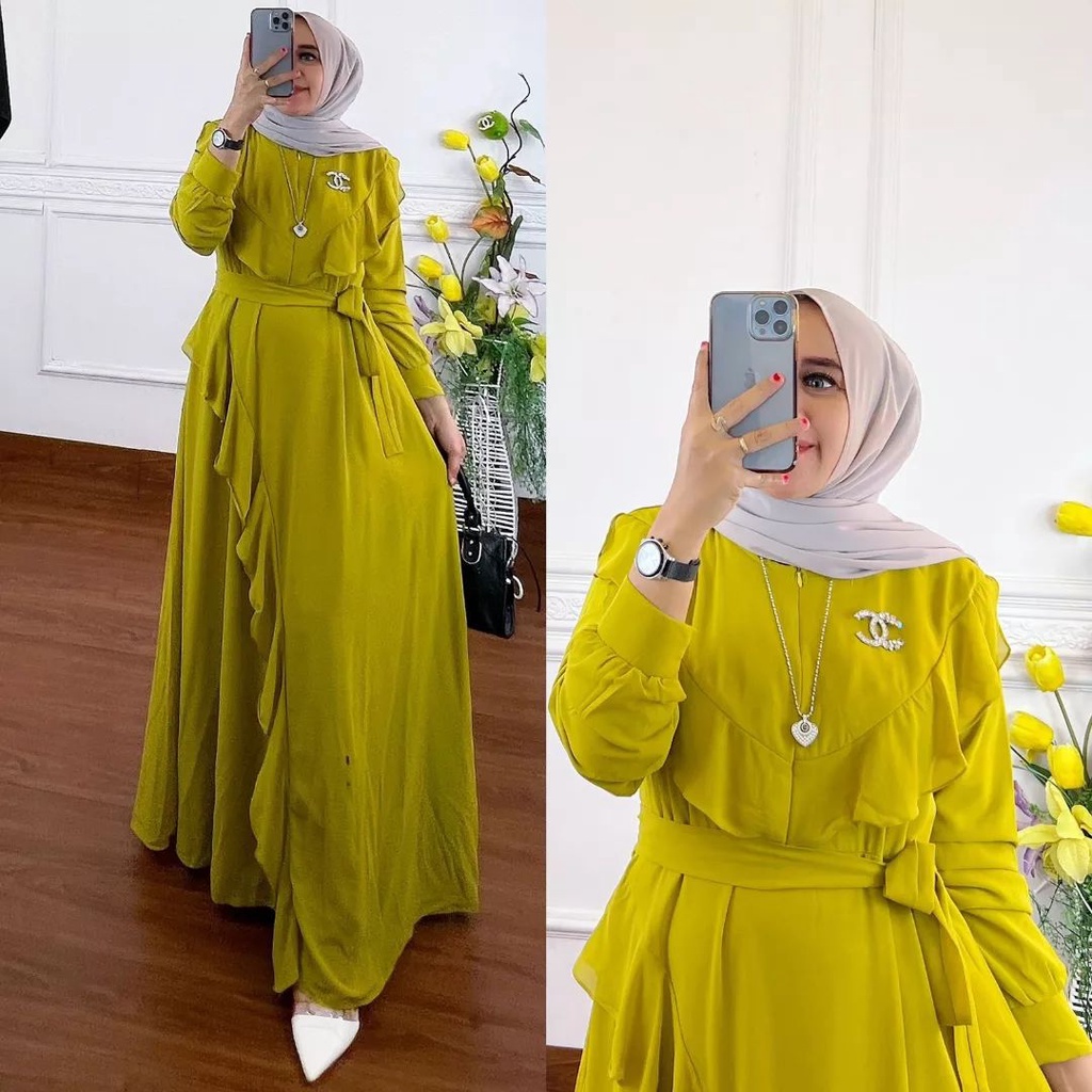 COD - Stela Maxy Dress Muslim Premium Ceruty Lapis Puring Ld 110 Fit S - XL ( Free Bros ) Fashion Gaun Gamis Maxi Polos Wanita Pesta Kondangan Modern Termurah Terlaris-2