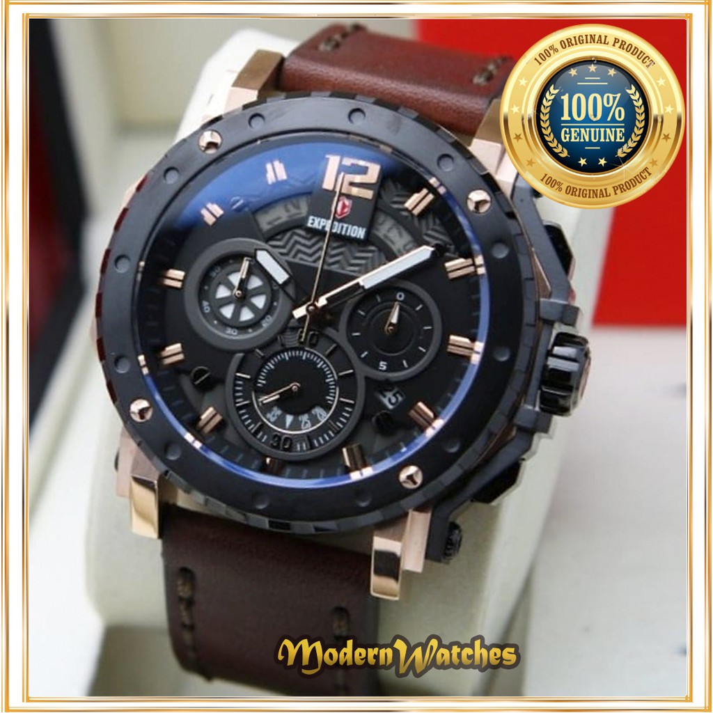 Jam Tangan Ori Pria Expedition E 6402 Brown Rosegold Hitam Black Kulit Asli Sporty Terlaris Cowok