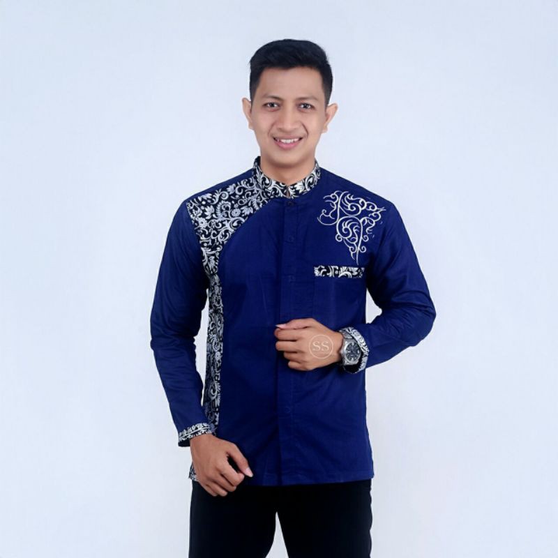 Baju Koko Pria Lengan Panjang Kombinasi Koko Batik Motif Bordir Bahan Halus Dan Adem