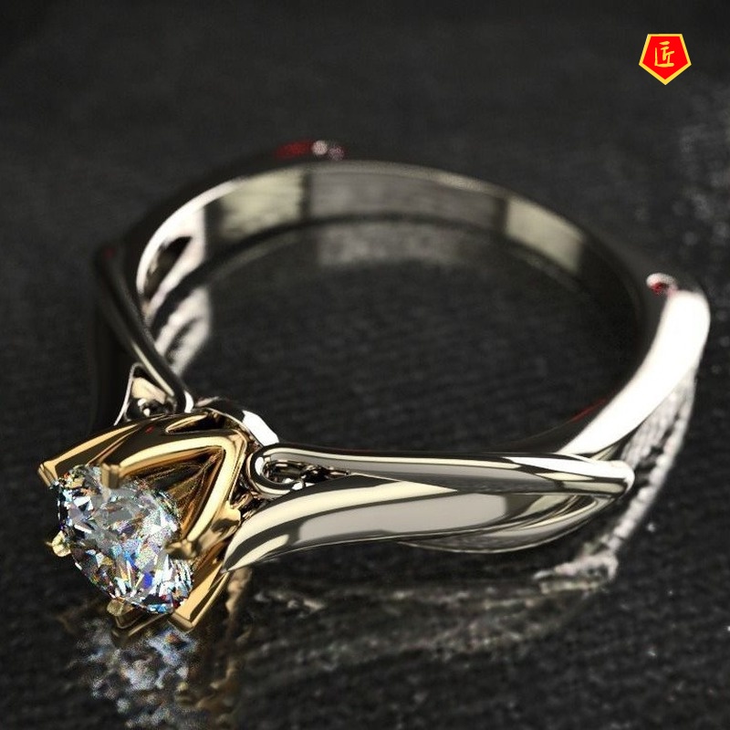 [Ready Stock]1 Karat Classic Six-Claw Moissanite Two-Tone Ring for Women