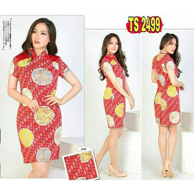 TS2499/ Dress Batik Wanita Katun Stretch Modern Batik Cheongsam Dotted Dress