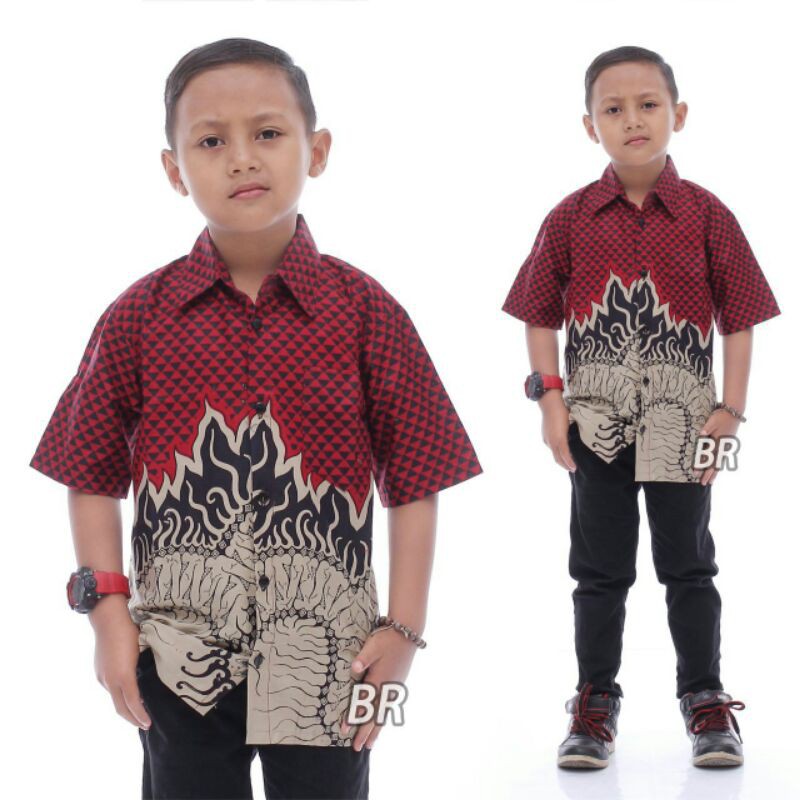 BATIK COUPLE KELUARGA sania ruffle ori ndoro jowi dnt motif Bara merah-Hem anak