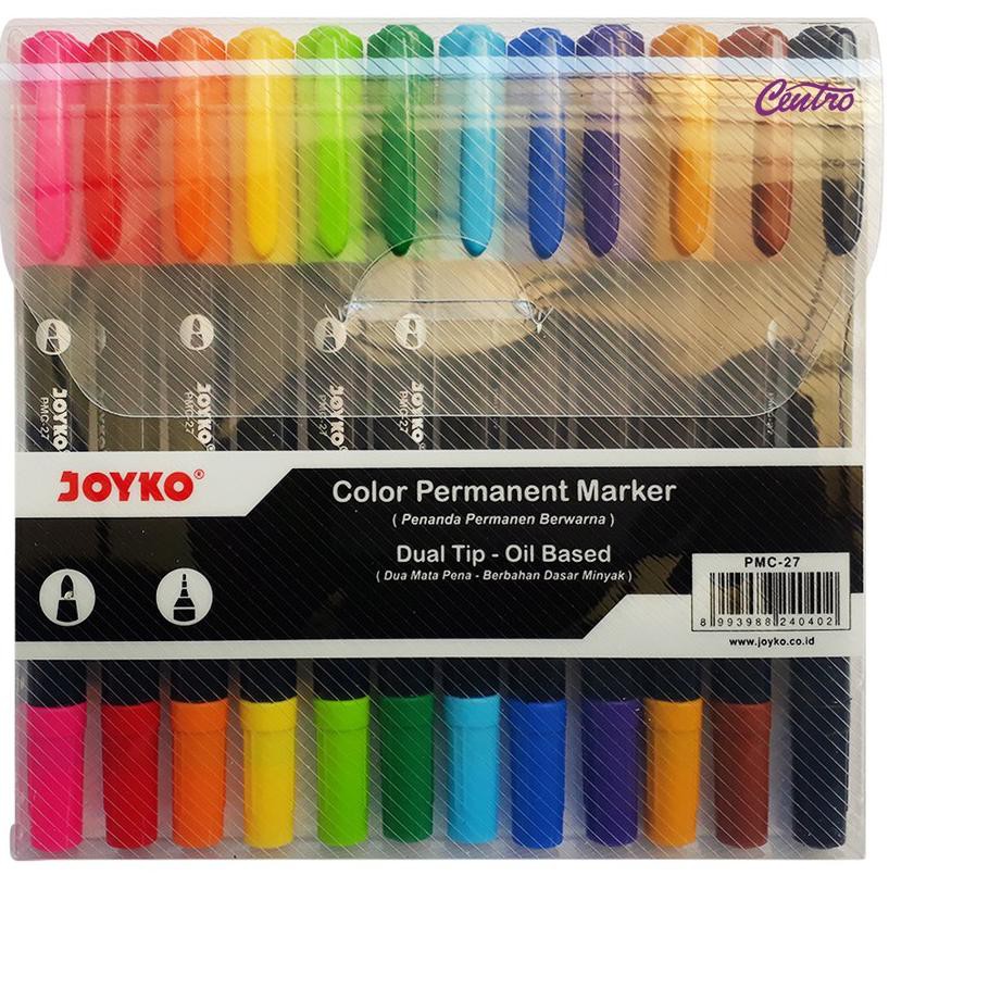 

Joyko Spidol Pen Dual Tip Oil Based Color Permanent Marker Set 12 Warna PMC27 !!