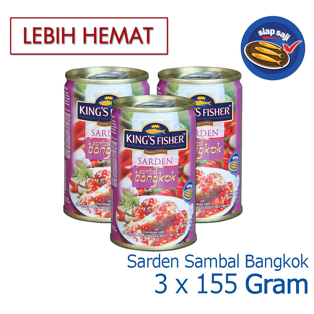 

MyHomey Paket 3 pcs Kings Fisher Sarden mini rasa saus bangkok Makanan Kaleng 155g kings fisher