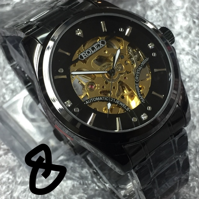 Jam Tangan Rolex Pria Skeleton Chain Rantai Automatic Otomatis Romawi A Hitam Fullblack Shopee Indonesia