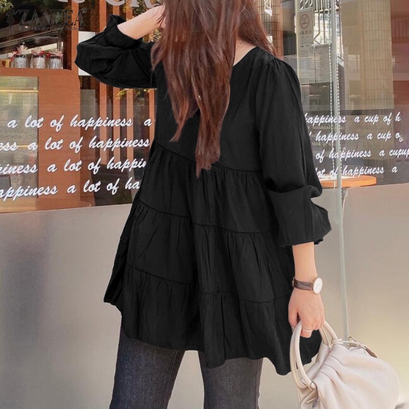 ZANZEA Women O-Neck Loose Spliced Long Sleeve Pleated Frill Solid Blouse