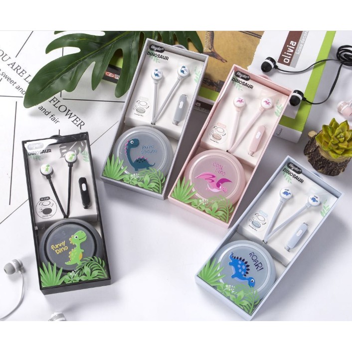 [A-114] Set Headset Earphone Kartun DINOSAUR / Wadah Earphone Bulat Motif Karakter DINOSAURUS Lucu