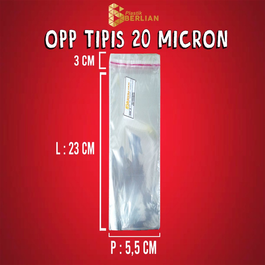 

5,5 x 23 cm Plastik OPP TIPIS (100 lbr) (lem/seal)