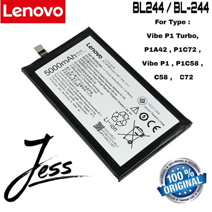 Baterai Original LENOVO BL244 , BL-244 , Vibe P1 , PC158 , C58 , C72