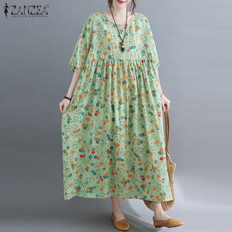 ZANZEA Women Fashion Casual Floral Printed Short Sleeve Holiday Loose Long Dress