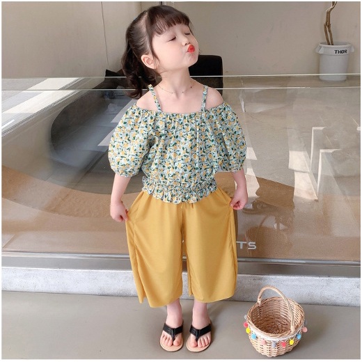 SETELAN STELAN ANAK PEREMPUAN IMPORT Girlset CROP CELANA BUNGA KUNING + CELANA  100-140