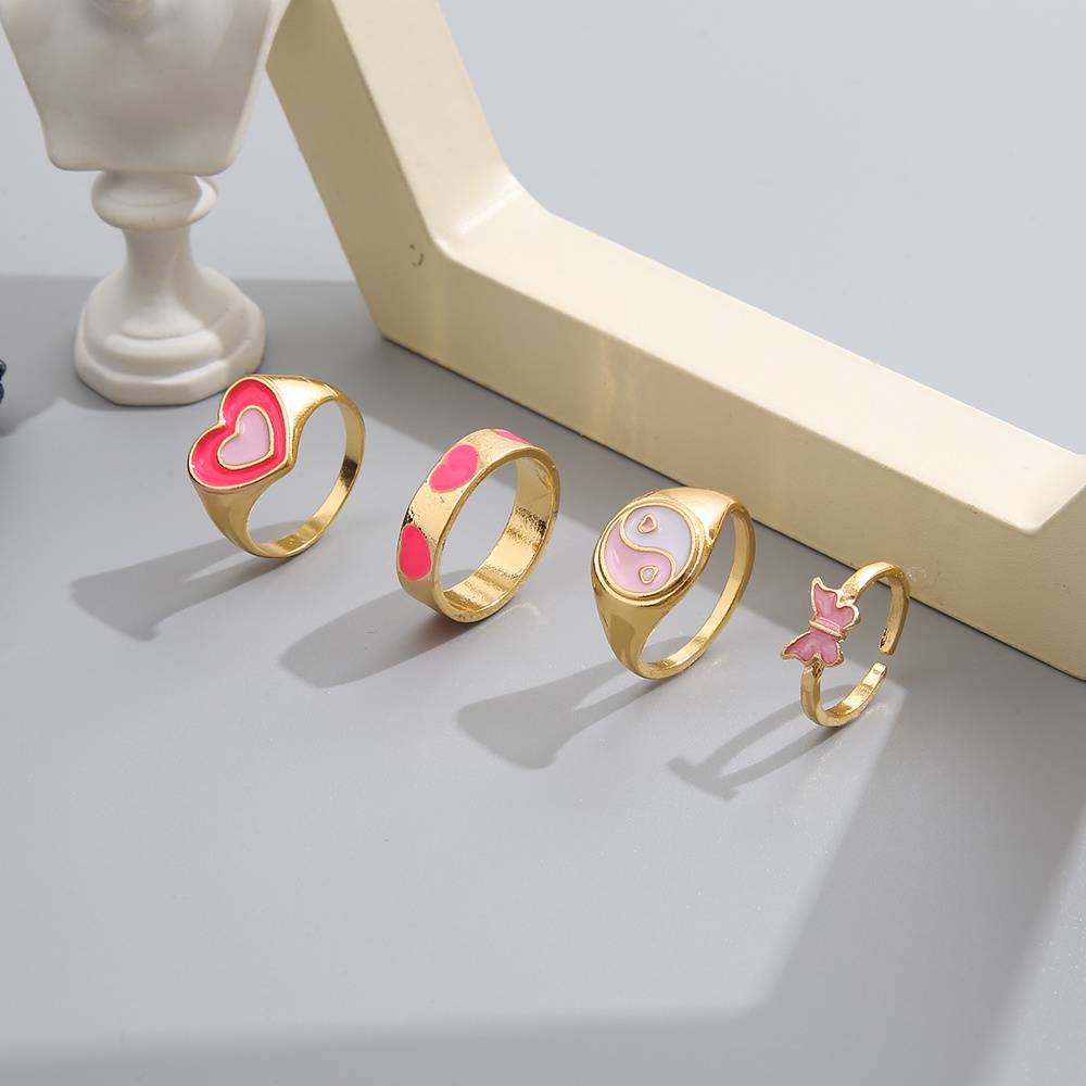 4pcs / Set Cincin Desain Kupu-Kupu Hati Warna Pink Untuk Wanita