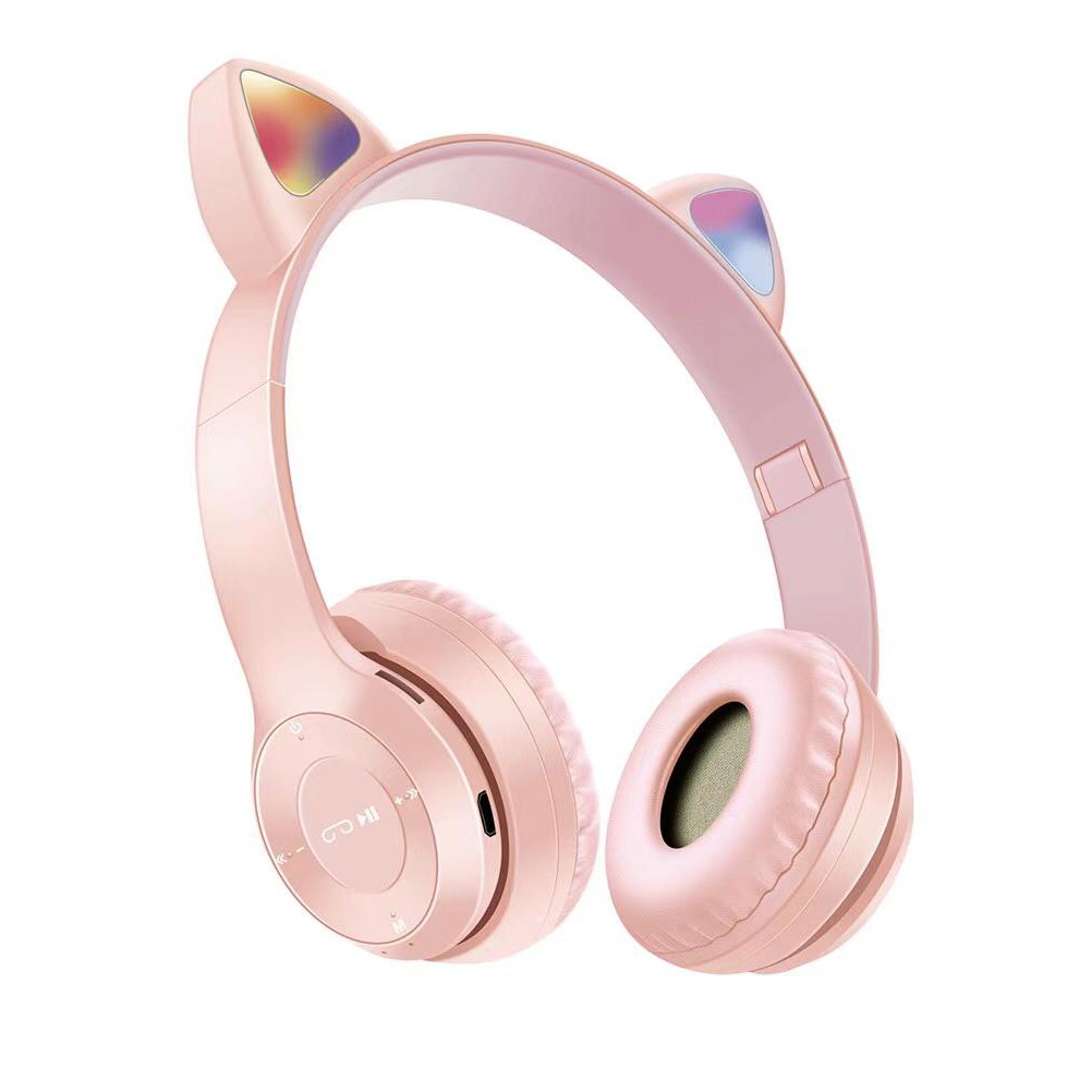 P47M Headphone Bluetooth Gaming Cat Ears Wireless Bluetooth RGB Led Light Super Bass Stereo Bando Headset Gaming Telinga Kucing