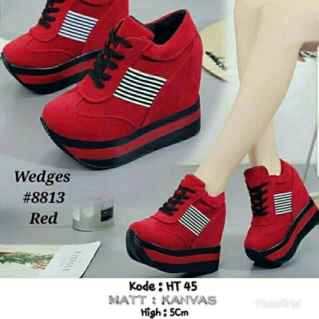 FREE ONGKIR Wedges sneaker wanita Merah Hitam HT 45 sepatu fashion korea wanita
