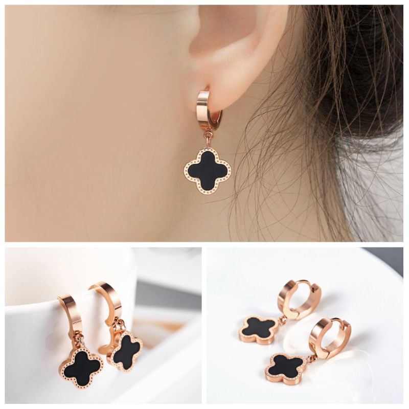 Anting Jepit titanium Clover Wanita Korea Lapis Emas 18K