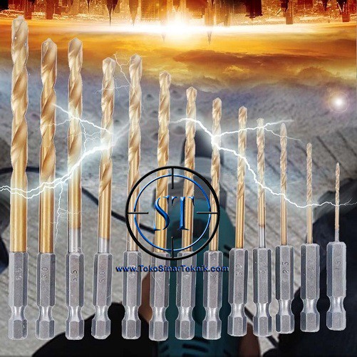 13 Pcs Mata Bor Drill Bit Set Quick Change Hex HSS Titanium Coated Plated 1.5-6.5mm 1/4&quot; Ulir Shank Hexagonal Handle Set 13 Buah