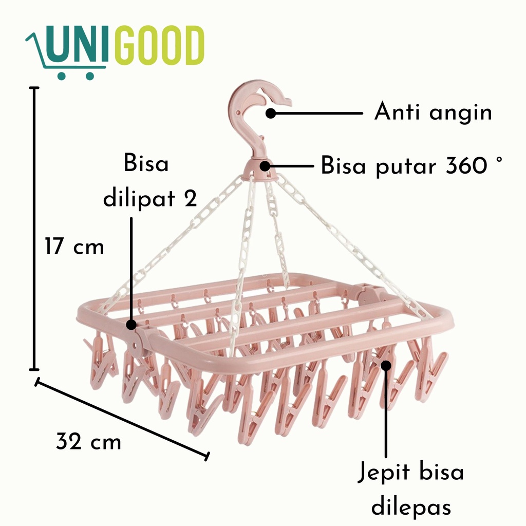 UNIGOOD - Gantungan Jepit Jemuran Hanger Kaos Kaki 32 Pcs Klip Bisa Diputar Jepitan Serbaguna