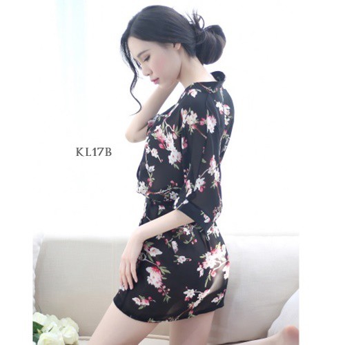 [PRODUK TERLARIS] LINGERIE KIMONO BAJU TIDUR KIMONO PIYAMA KIMONO FLORAL HITAM KL17B