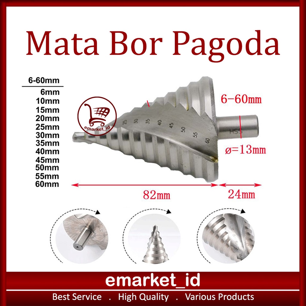 Mata Bor Pagoda 6-60mm / Step Dril Drill Spiral / Kerucut Cone Besi Kayu Plastik