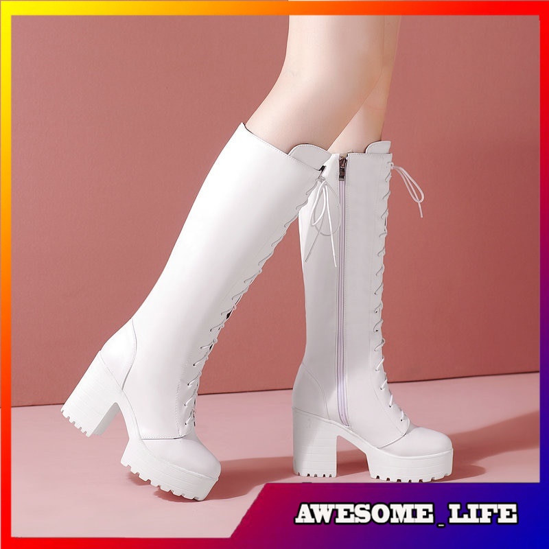 white platform knee high boots