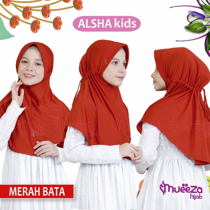 Kerudung Anak SD Instan Serut / Jilbab Bergo Anak Alsha M By Mueeza - Merah Bata