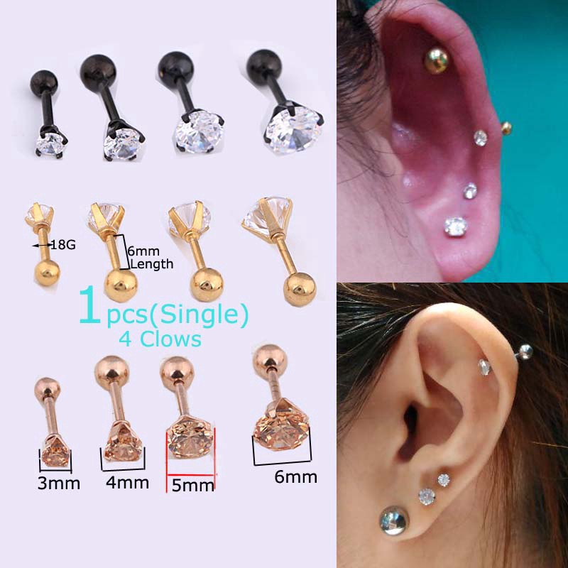 1piece Earrings Cartilage Daith Helix Piercing Ear Tragus Stud 18G 6mm Length