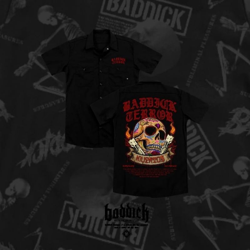 KEMEJA BADDICK WORKSHIRT PRIA COWOK CEWEK FULLPRINT LENGAN PENDEK KATUN WARNA HITAM TENGKORAK XL