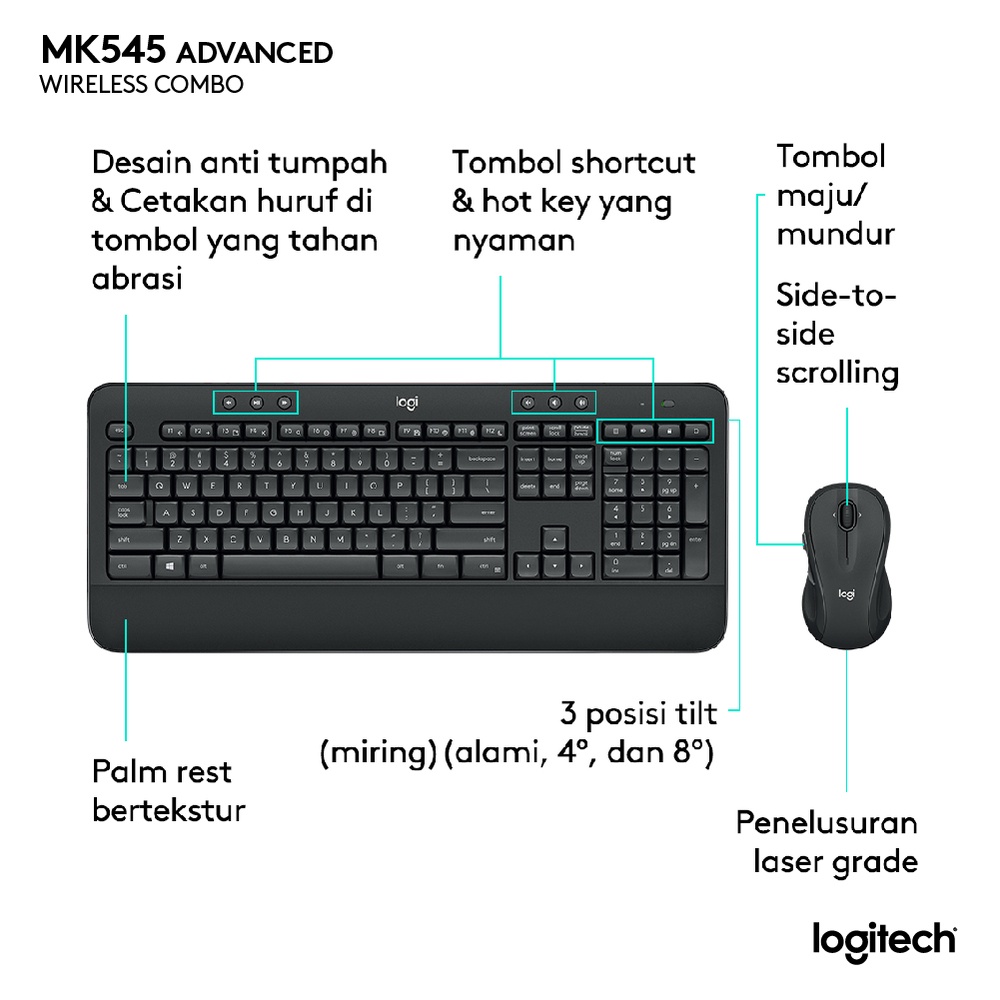 Logitech MK540 Advanced Wireless Keyboard dan Mouse Combo untuk Windows, 2.4 GHz Unifying USB-Receiver, Multimedia Hotkeys, Daya Tahan Baterai hingga 3 Tahun untuk PC, Laptop