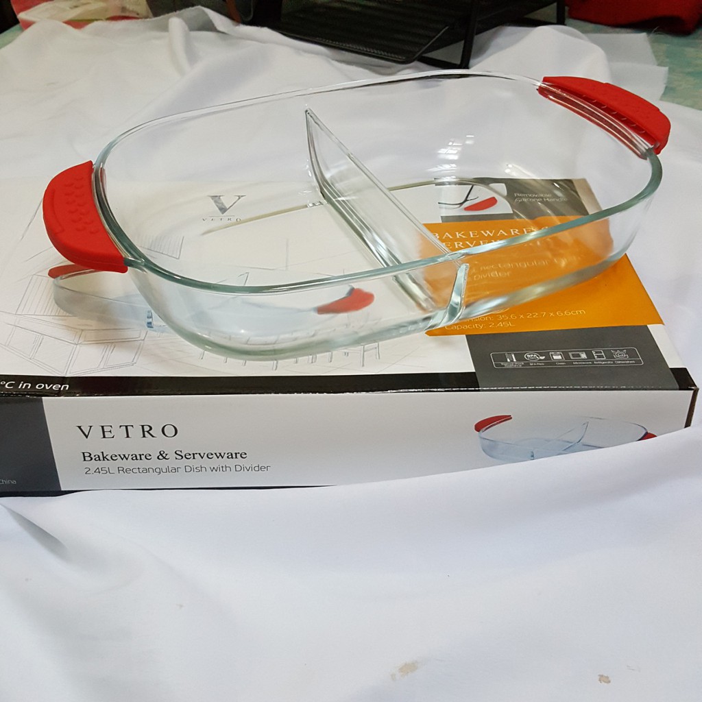 Vetro Piring Saji 2.45 Liter dengan sekat / bakeware serveware divider/ piring saji tahan panas ori