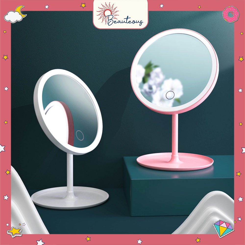 Cermin Make Up Lampu LED 3 Warna Lampu Kaca Meja Rias Bulat Standing Mirror Light Ring