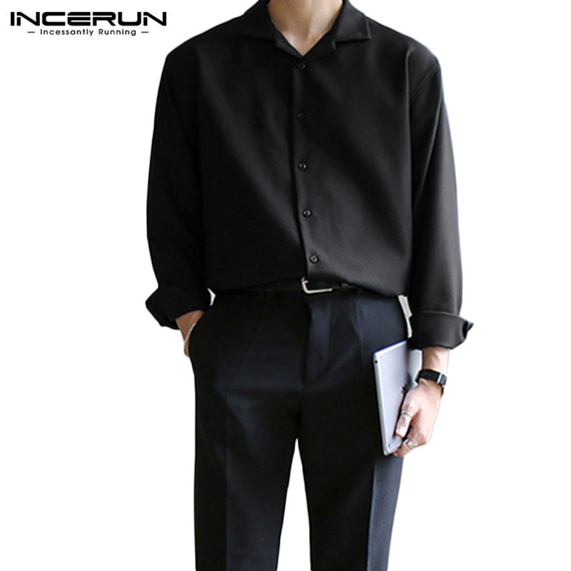 INCERUN Men Casual Plain Long Sleeve Lapel Gentleman Simple Shirt
