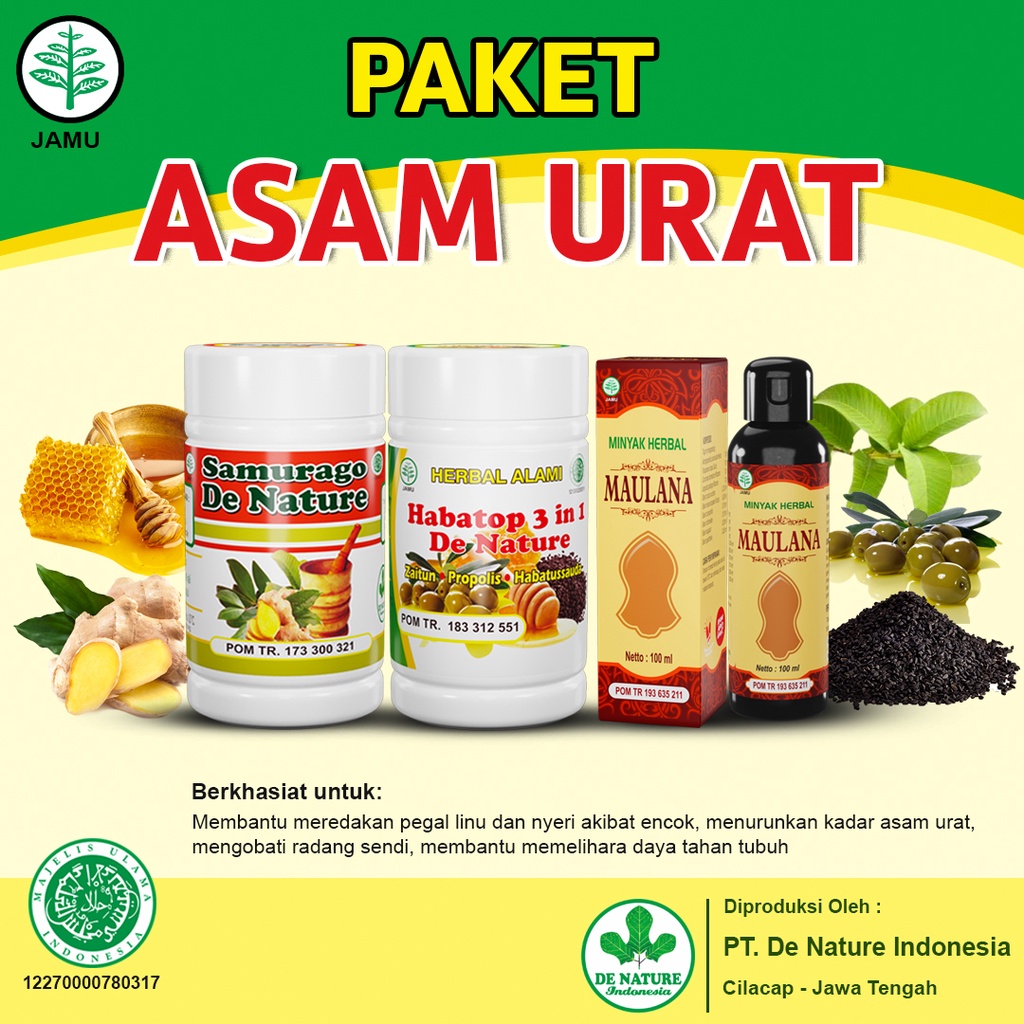 OBAT ASAM URAT DE NATURE OBAT ASAM URAT YANG AMPUH KAPSUL SAMURAGO HABATOP 3 IN 1 MINYAK MAULANA