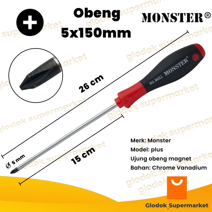 Obeng Plus 6 inch Monster Diameter 5mm Panjang Besi 15cm Magnet