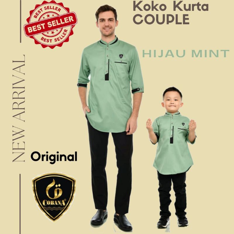 NEW ARRIVAL COUPLE KOKO KURTA AYAH & ANAK ORIGINAL COBANA TOYOBO PREMIUM WARNA BIRU TURKISH, HIJAU M