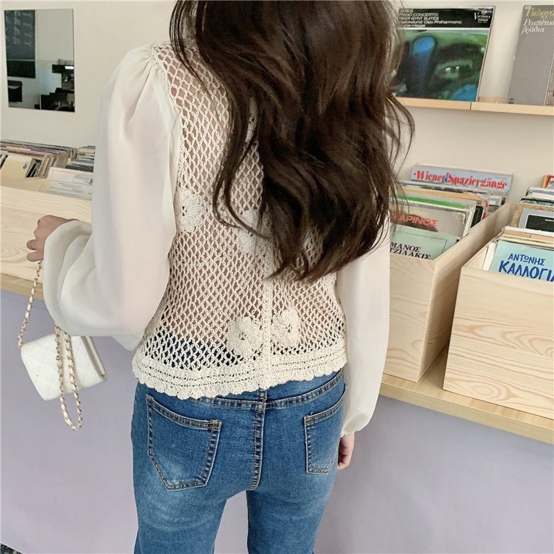 BL816 • Korean Love Pattern Blouse • Crochet Knit Crop Top • Puff Long Sleeve