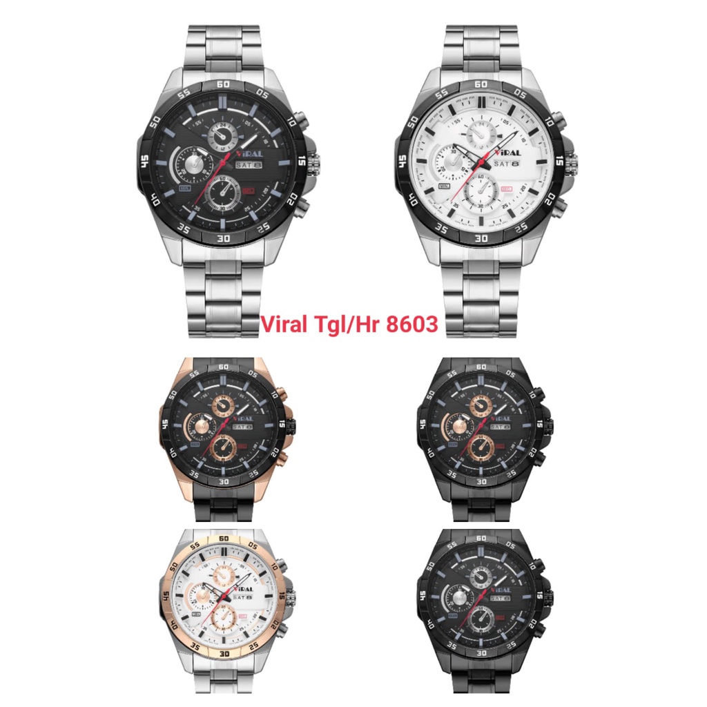 (SS) JAM TANGAN PRIA STAINLESS STEEL TANGGAL/HARI VIRAL V-8603