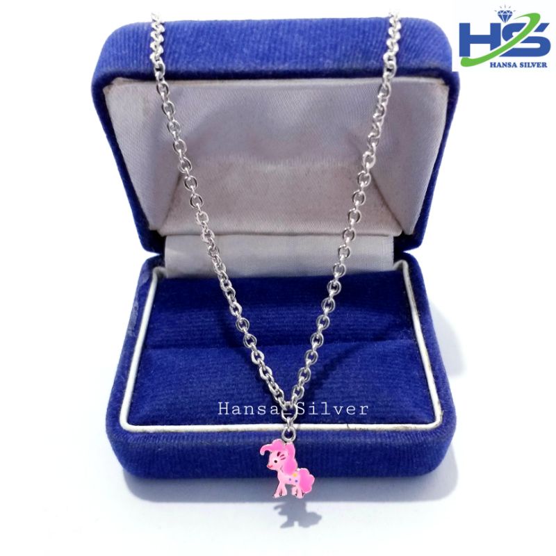 Kalung Perak Anak Asli Silver 925 Lapis Emas Putih Model Rantai Nori Liontin Kuda Poni Cat Pink