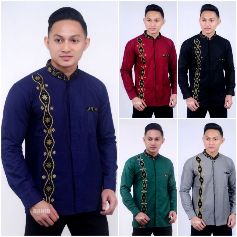 Baju Koko Muslim Pria Terbaru 2022 Baju Koko Bordir Kombinasi Batik Lengan Panjang Kemeja Koko JL002 ANS