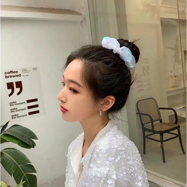 Ikat Rambut Korea Scrunchie Perempuan Dewasa Motif Glitter Berjaring Aksesoris Rambut gaya kekinian AK199