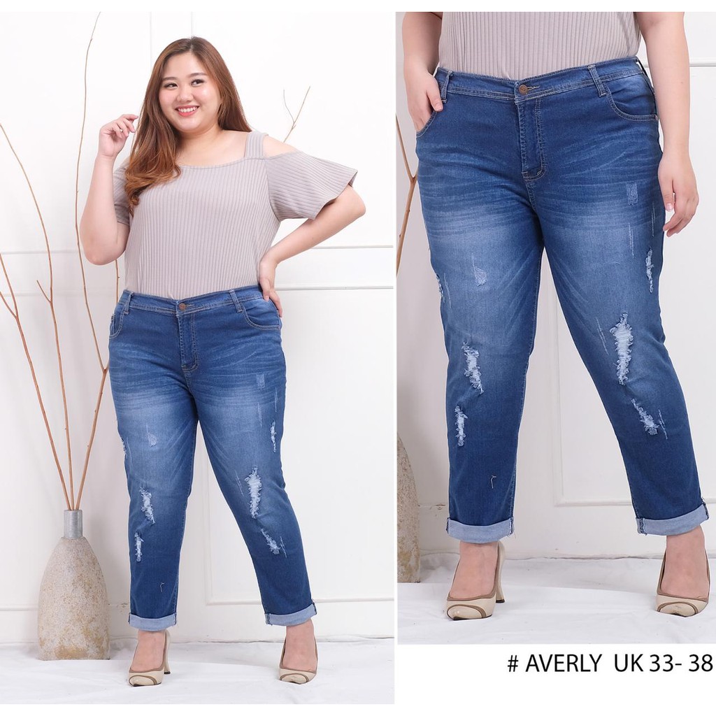 Celana Jeans Cewek Wanita Sobek Ripped Destroy Bigsize Jumbo AVERLY Mom Jeans ukuran sampai 42