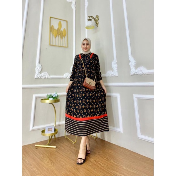 MIDI DRESS MOTIF GUCCI RAYON BUSUI || gamis rayon susun busui motif