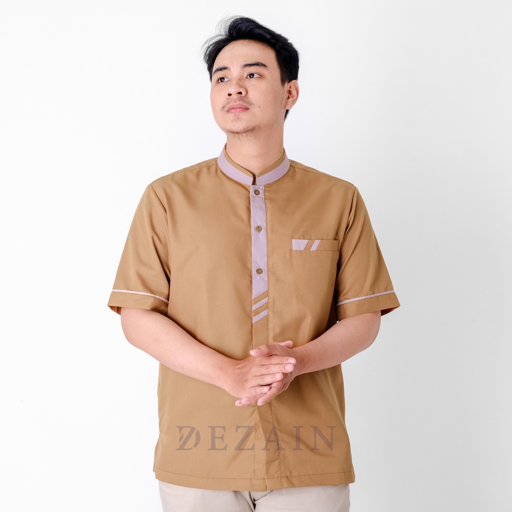 Koko Muslim Dezain Lengan Pendek KK2201 - Warna Coklat Kombinasi Abu Tua