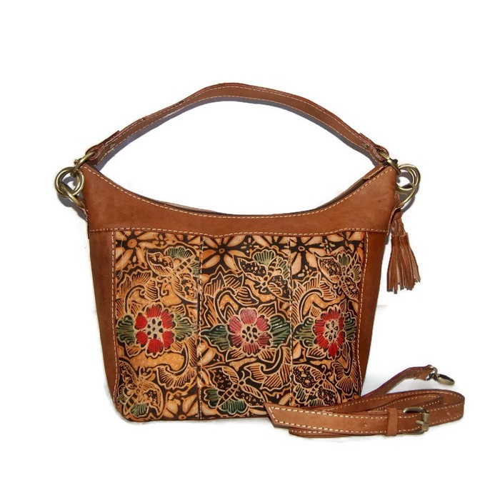 Tas Wanita Kulit Asli Lukis Batik Hobo 2 mode : handbag (hobo) + slempang BP01 Motif Bunga