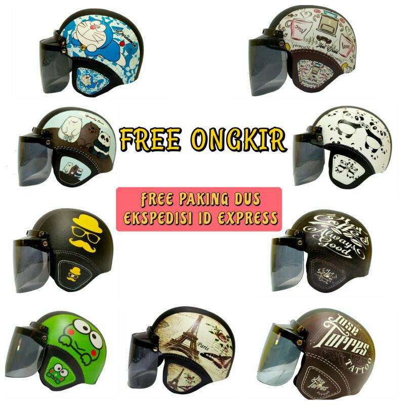 Helm Wanita Bogo Dewasa Pria Kaca Datar Retro Kulit SNI Ukuran M/L Kaca Flat
