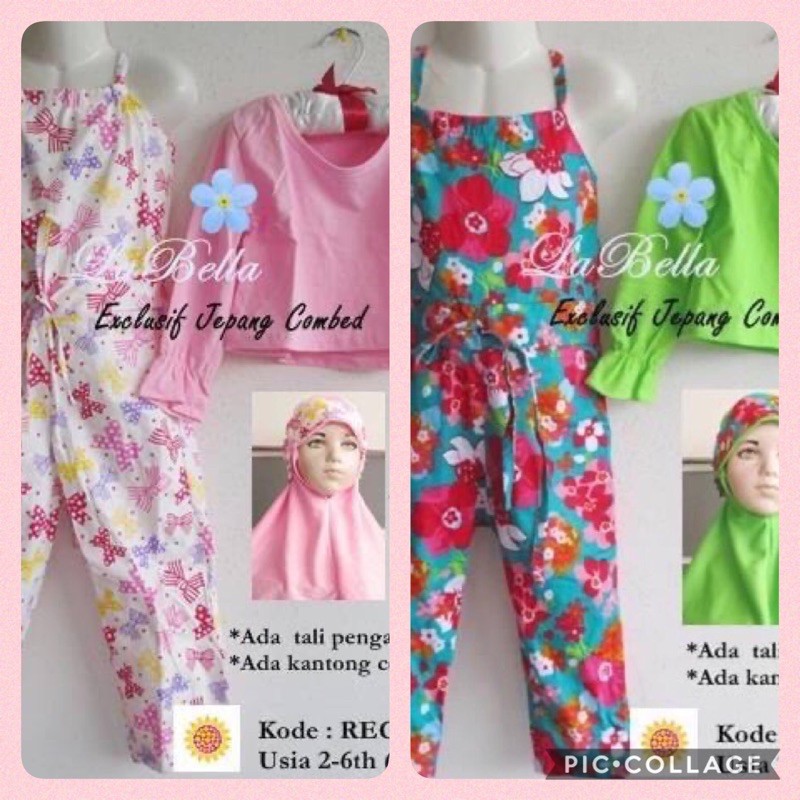 Labella Baju Gamis Muslim anak celana jumsuit celana kecil motif bunga toska pink hijau