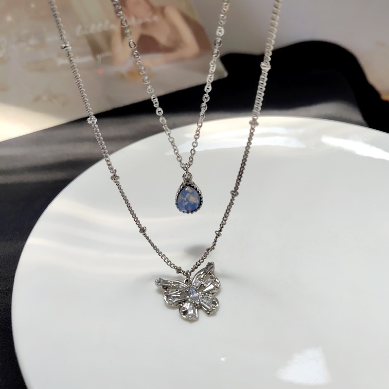 Butterfly Kalung Multilayer Liontin Kupu-Kupu Berlian Biru Gaya Korea Untuk Aksesoris