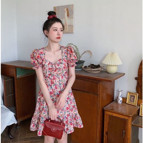 RSB BJ007 Baju Dress Lengan Pendek Motif Bunga Korean Fashion