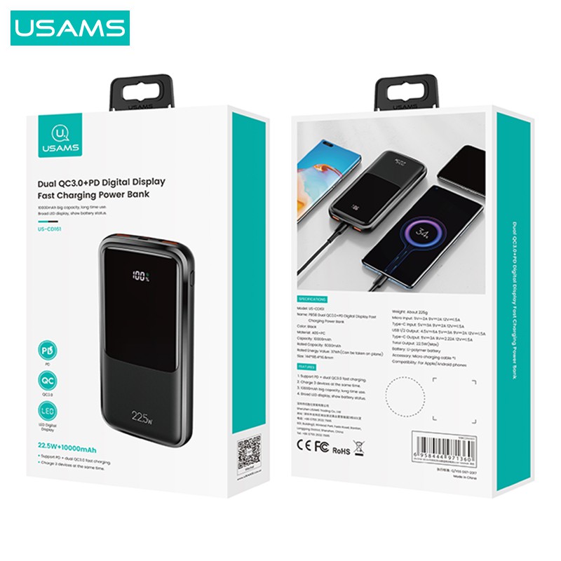 USAMS PB58 Powerbank Fast Charging 22.5W 10000mAh Dual QC3.0 PD Broad LED Display