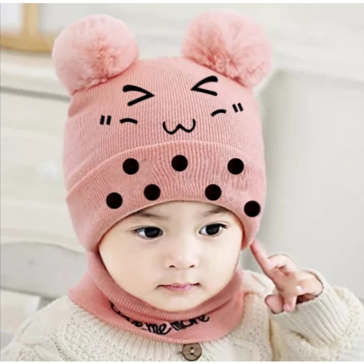 Topi Kupluk Anak Bayi Polos Model Pompom Bordir Boba Smile Laki Laki Perempuan Usia 0 1 2 3 4 5 6 7 8 9 10 11 12 bulan umur 1 2 3 Tahun thn